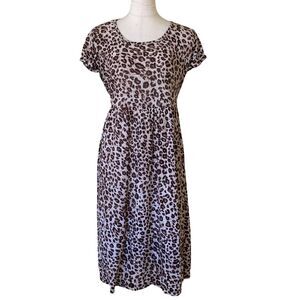 Animal Print  Short Puff  Sleeve Waist Tie Midi Dress